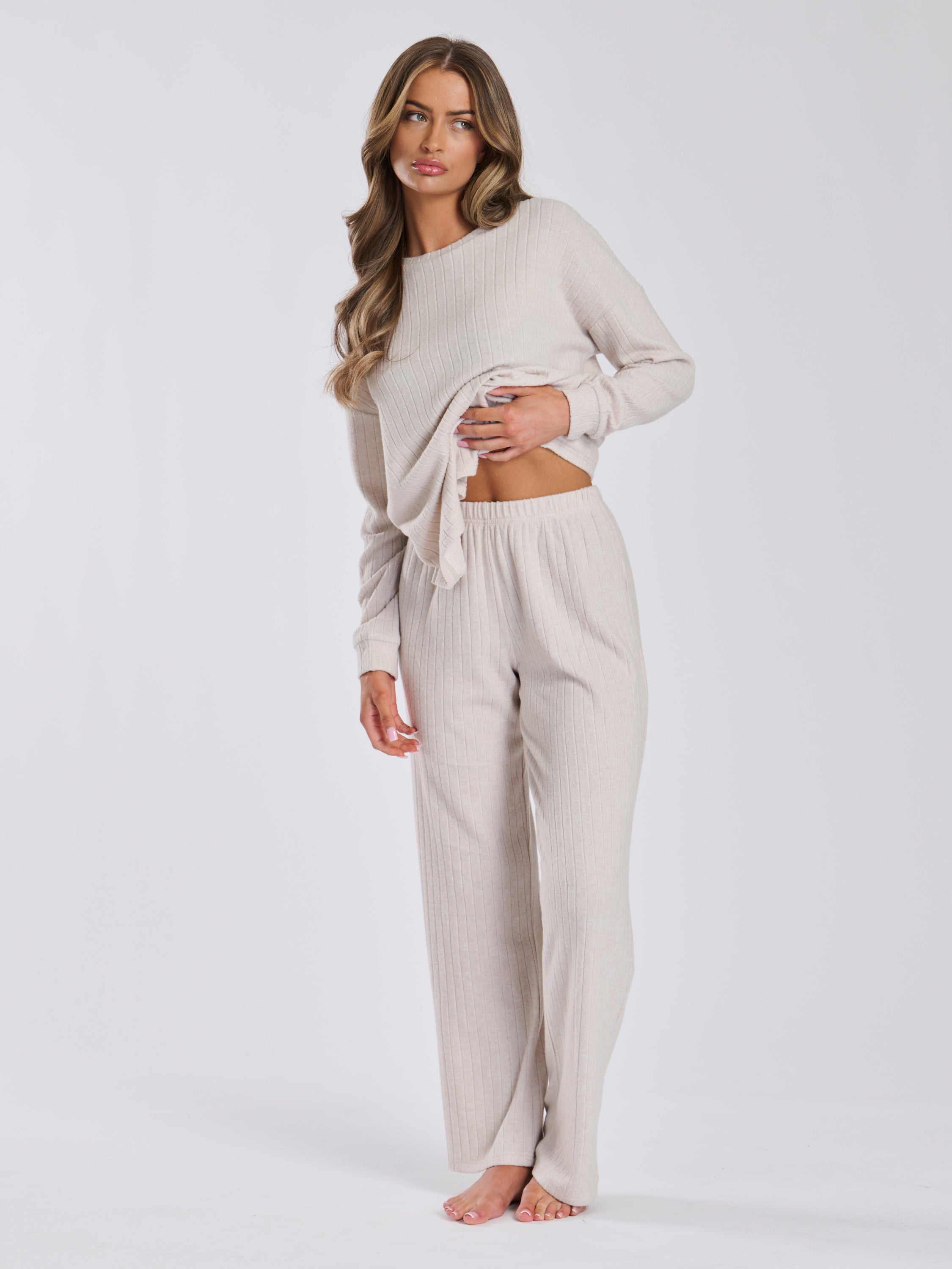 The Pacify Soft Rib Wide Leg Lounge Trousers In Taupe