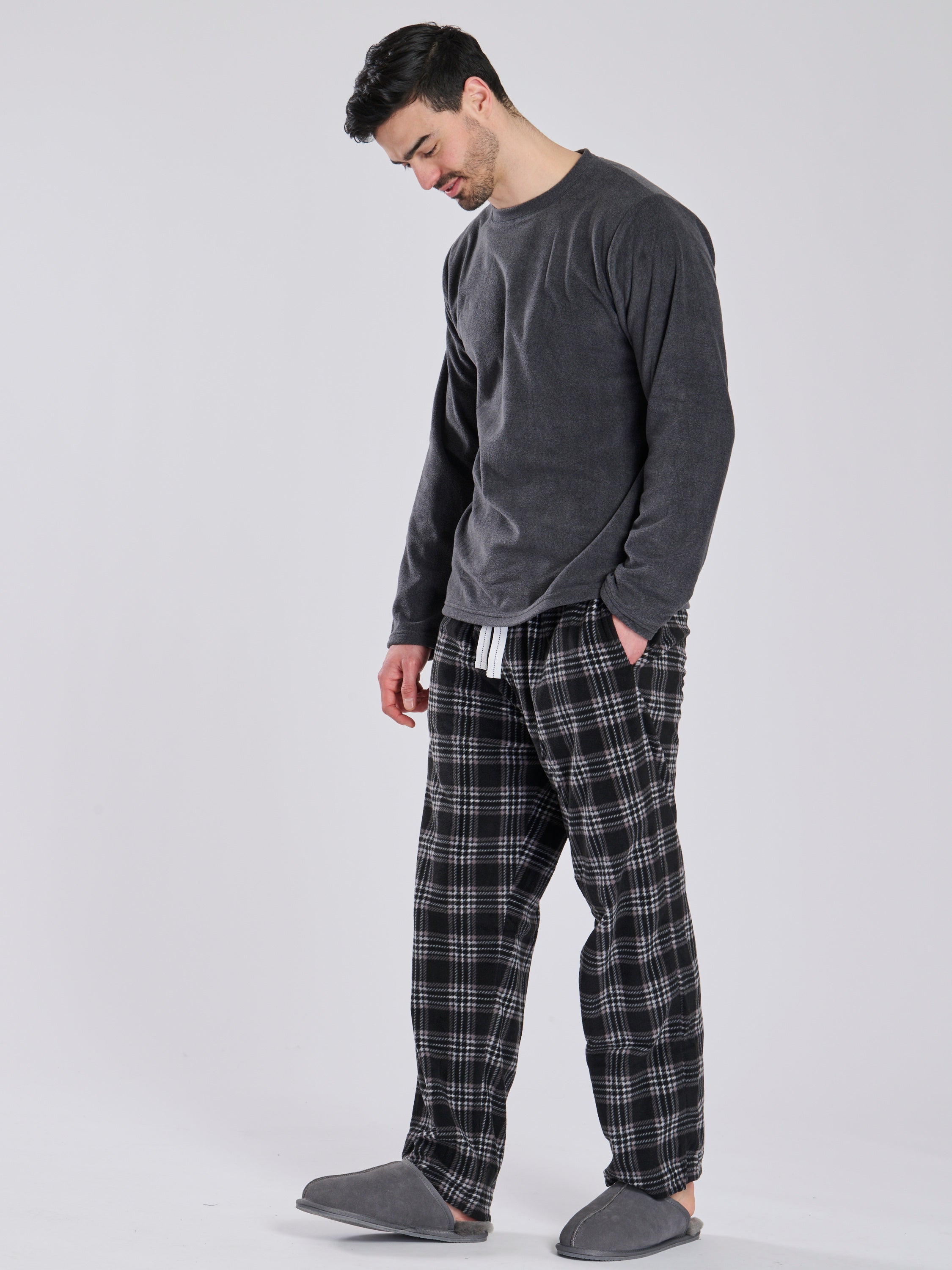 Loungeable Fleece Check Trouser Pyjama Set In Grey