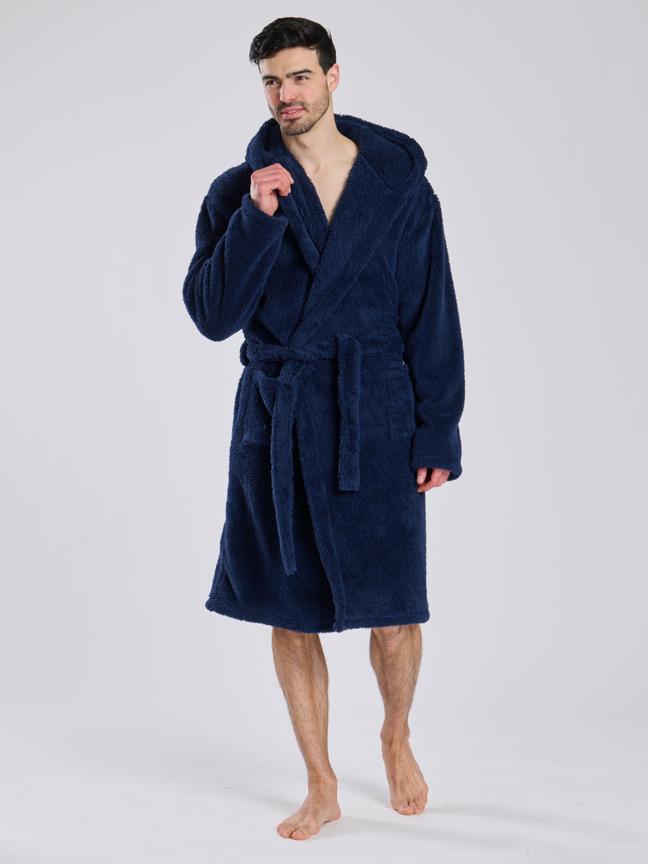 The Homey Men’s Fleece Dressing Gown in Navy – Loungeable